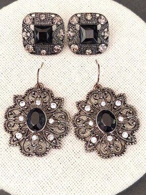 2 pairs of dark gray and crystal beaded earrings